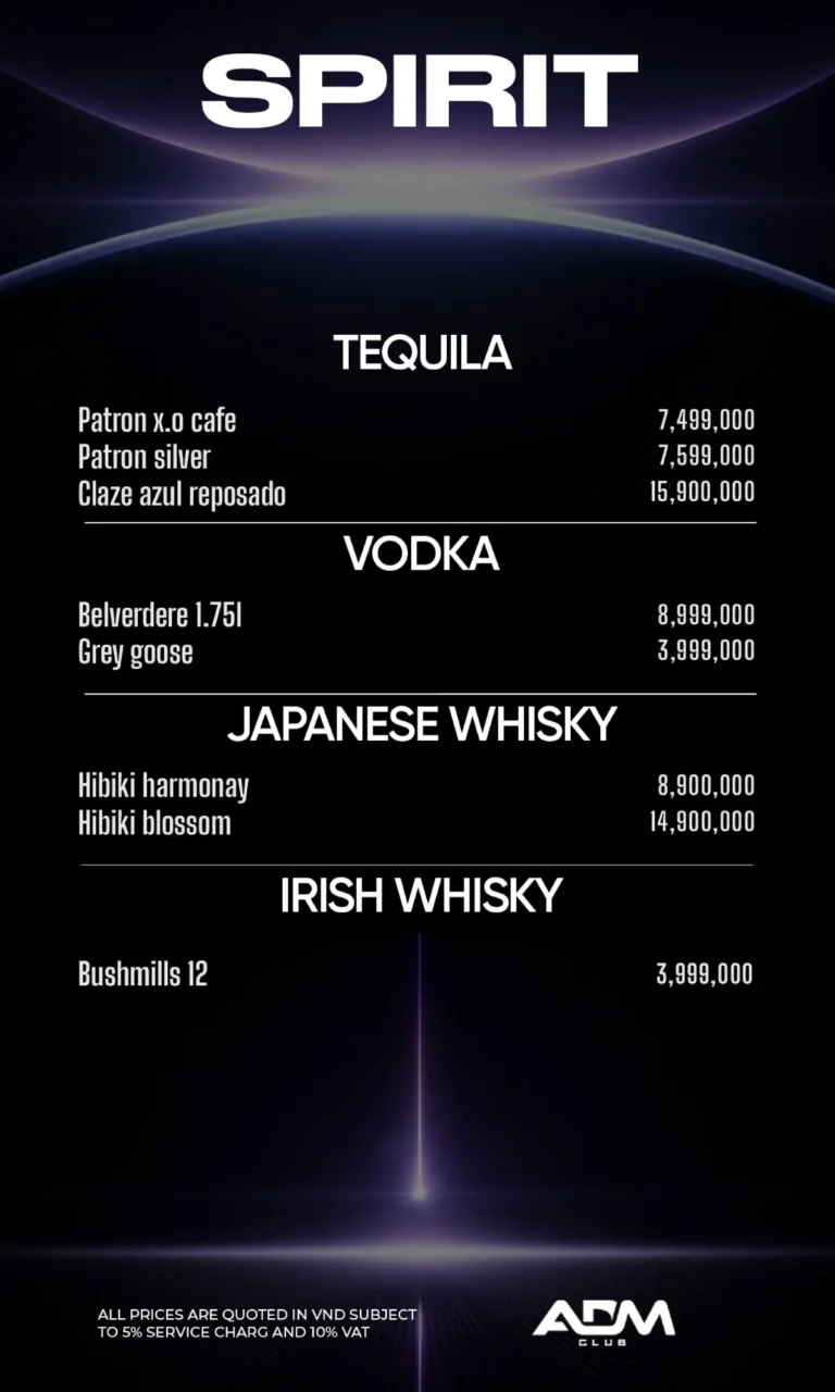 Menu ADM Club – Rượu mạnh: tequila, vodka, whisky Nhật