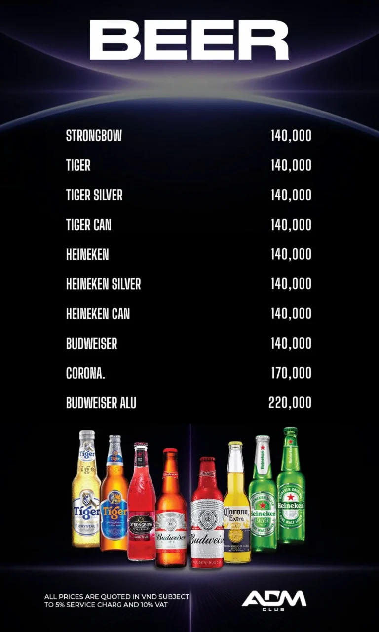 Menu ADM Club – Bia chai và bia lon