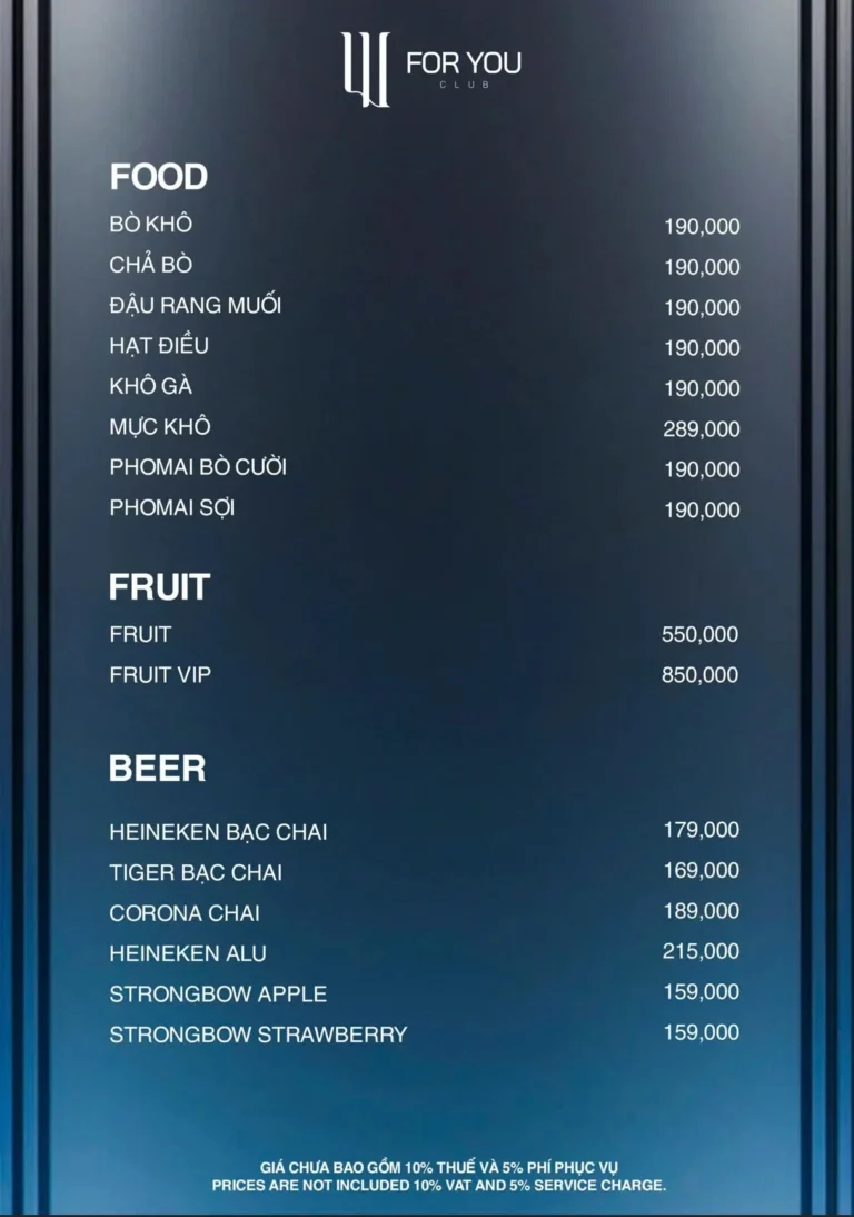 Menu For You Club Đà Nẵng – Đồ ăn, trái cây và bia
