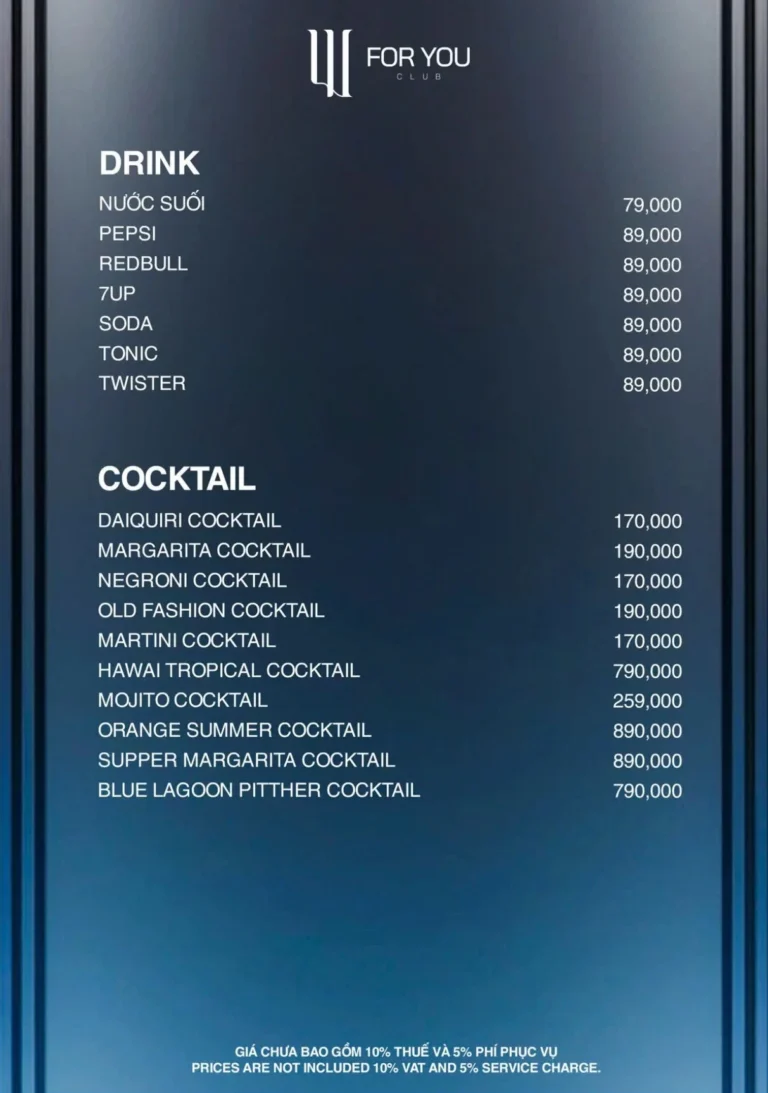 Menu For You Club Đà Nẵng – Nước ngọt và cocktail