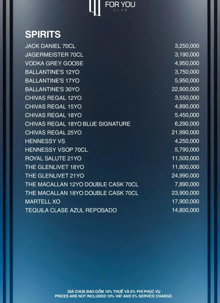 Menu For You Club Đà Nẵng – Rượu mạnh